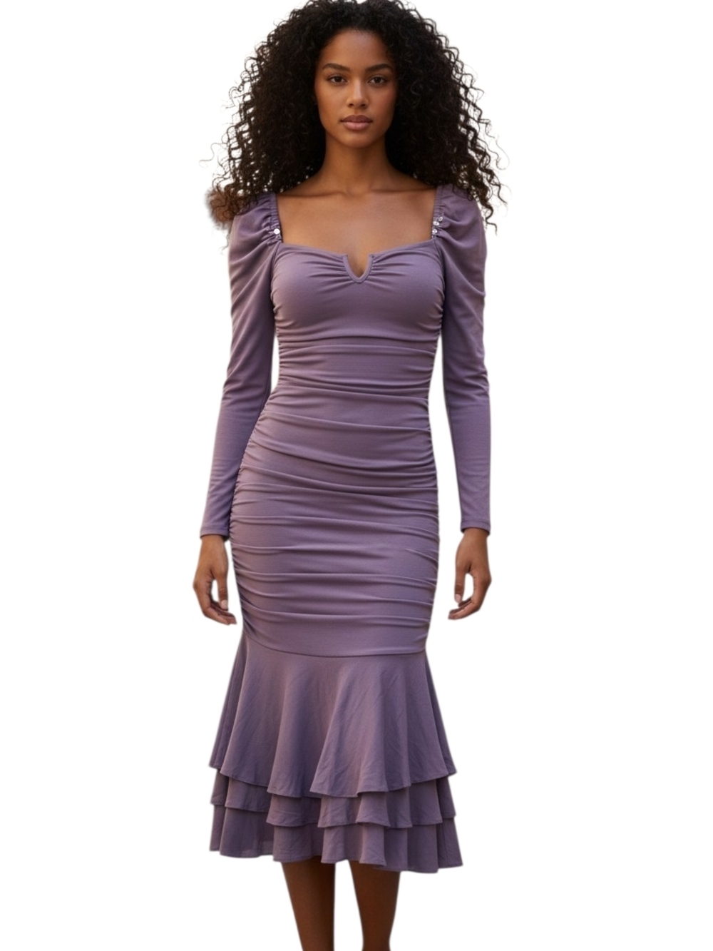 Lilac Long-Sleeve Ruched Midi Dress with Tiered Hem